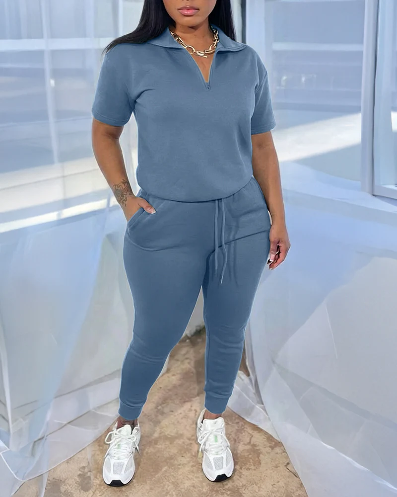 Women's 2-Piece Sporty Set Short Sleeve Half Zip Top and High Waisted Joggers Casual Lounge Outfit with Pockets - Image 3