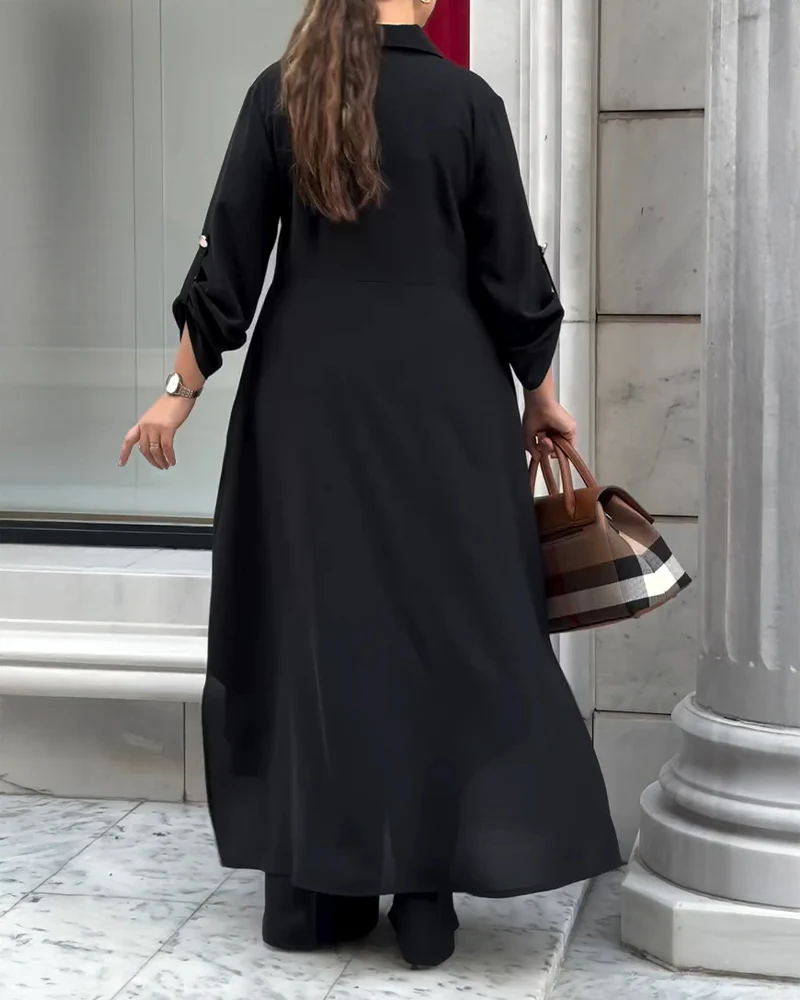 2 Pieces Outfit Turn-down Collar Turn-Up Sleeves Button Front Asymmetrical Hem Longline Blouse and Casual Elastic Waist Wide Leg Pants Set - Image 14