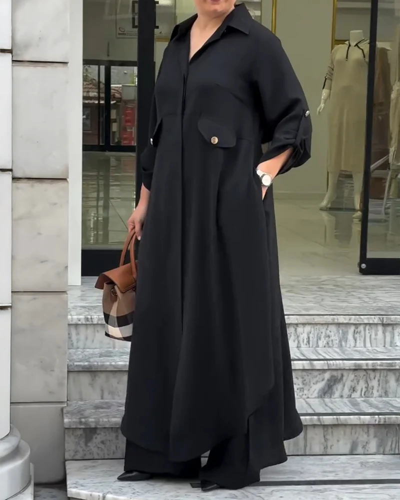 2 Pieces Outfit Turn-down Collar Turn-Up Sleeves Button Front Asymmetrical Hem Longline Blouse and Casual Elastic Waist Wide Leg Pants Set - Image 18