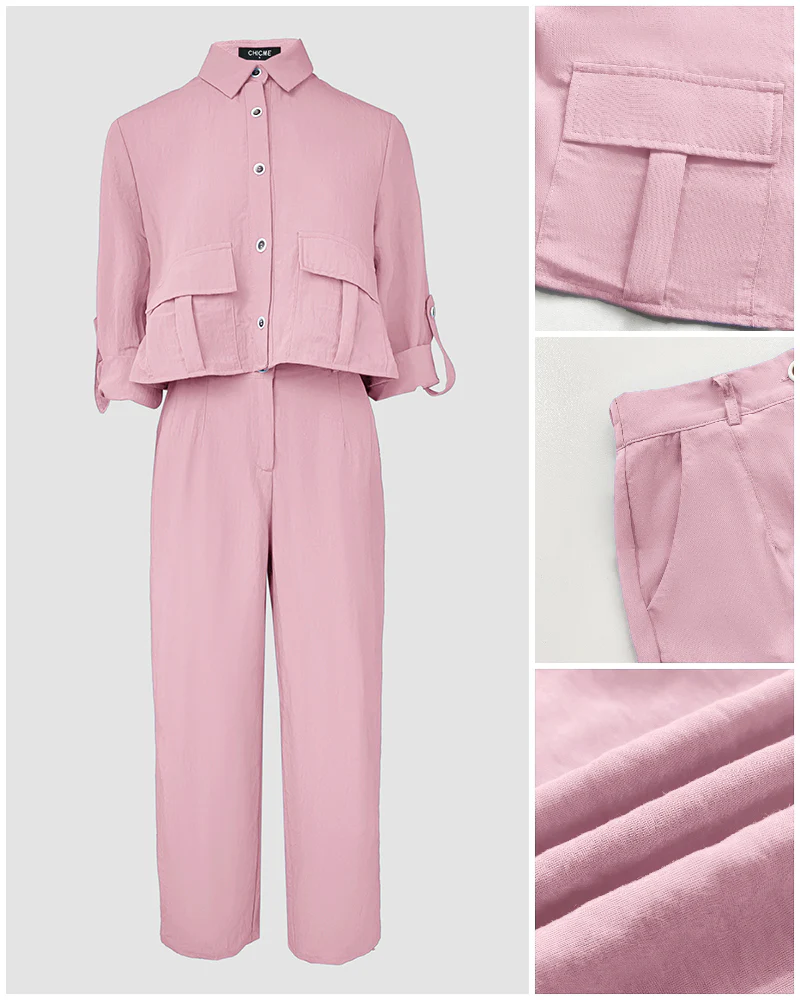 2 Pieces Outfit Turn-down Collar Turn-Up Sleeves Button Front Flap Pockets Design Top and Causal Zipper Fly Elastic Back Waist Wide Leg Pants Set - Image 17