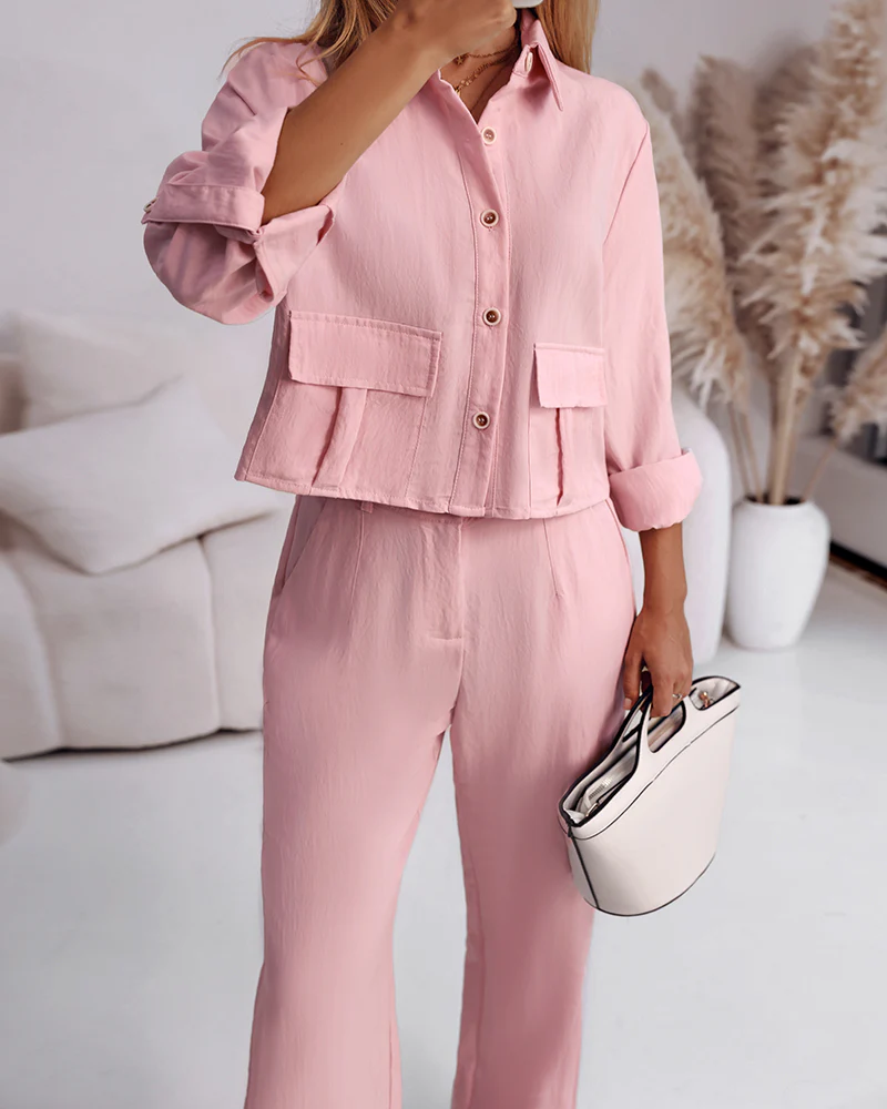 2 Pieces Outfit Turn-down Collar Turn-Up Sleeves Button Front Flap Pockets Design Top and Causal Zipper Fly Elastic Back Waist Wide Leg Pants Set - Image 21