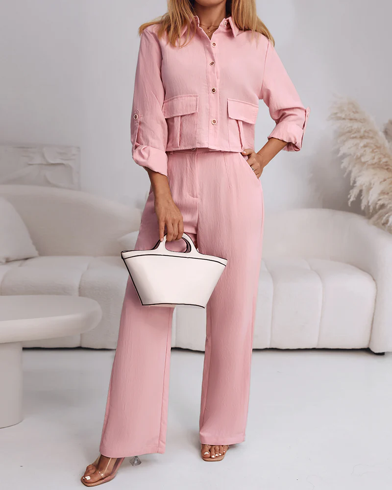 2 Pieces Outfit Turn-down Collar Turn-Up Sleeves Button Front Flap Pockets Design Top and Causal Zipper Fly Elastic Back Waist Wide Leg Pants Set - Image 27