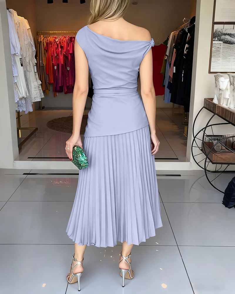 Women's Elegant 2 Piece Outfits Skew Neck Twist Top and Pleated Midi Skirt Set with Belt Evening Party Suit - Image 2