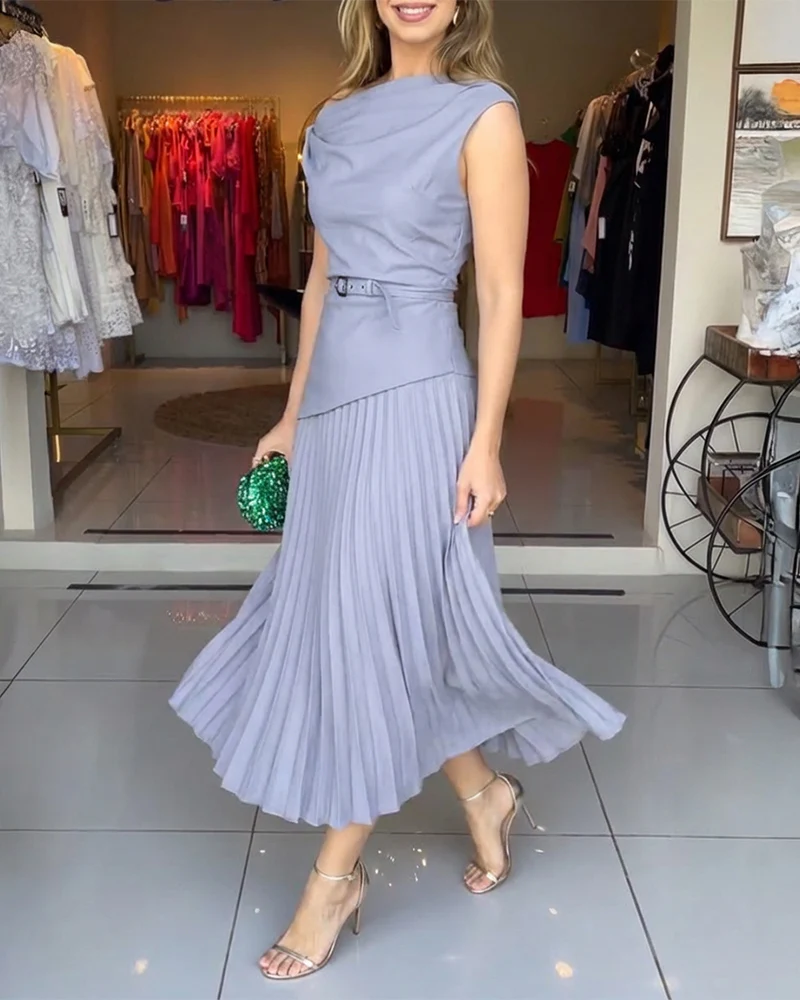 Women's Elegant 2 Piece Outfits Skew Neck Twist Top and Pleated Midi Skirt Set with Belt Evening Party Suit - Image 3