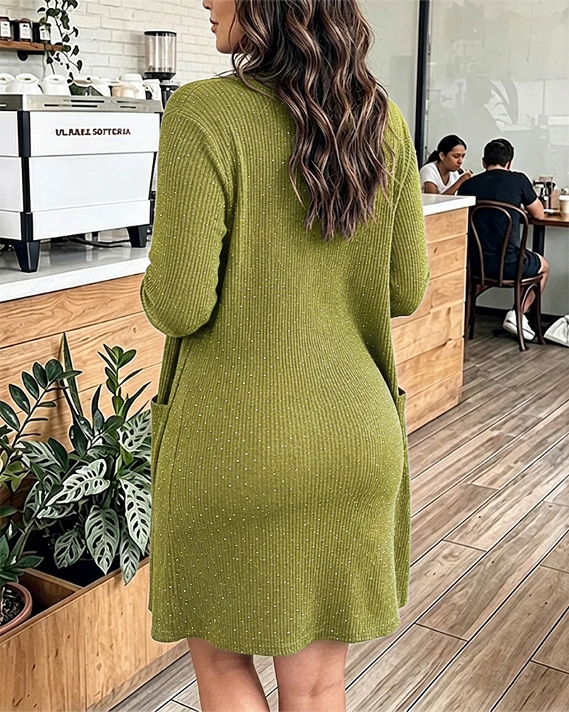 2 Pieces Outfit U-Neck Half Button Front Slim Fit Mini Tank Dress and Long Sleeve Pockets Design Cardigan Casual Rhinestone Decor Textured Set - Image 2