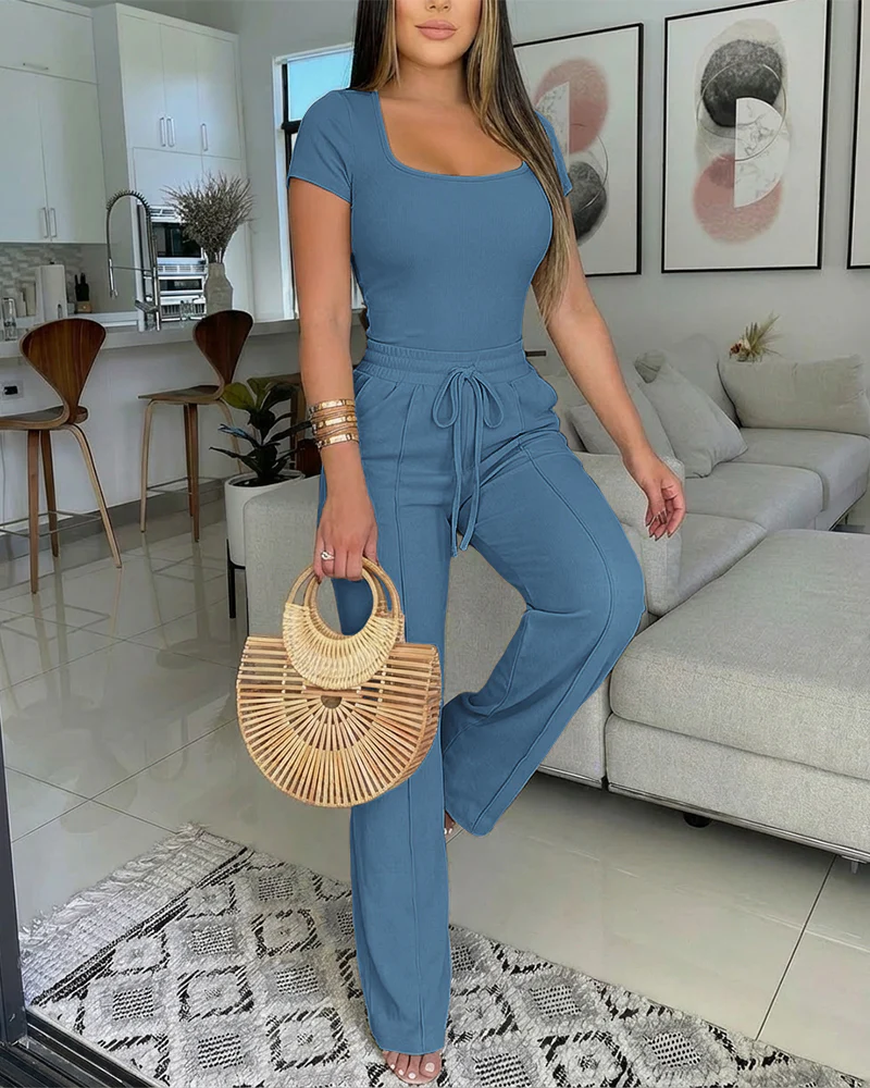 2 Pieces Outfit U-Neck Short Sleeve Slim Fit Ribbed Bodysuit and Drawstring Elastic Waist Seam Front Pants Casual Versatile Set - Image 16