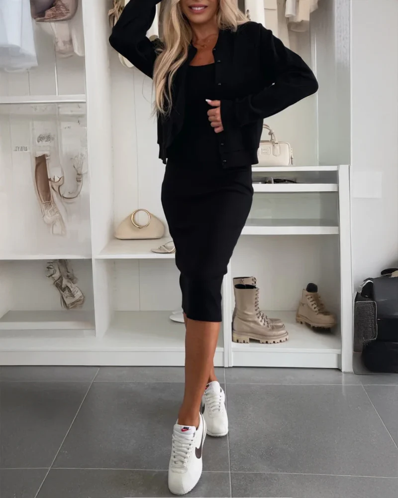 2 Pieces Outfit U-Neck Slit Back Slim Fit Knit Tank Dress and Pearl Button Front Baseball Coat Casual Ribbed Set - Image 17
