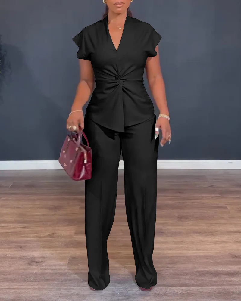 2 Pieces Outfit V-Neck Short Sleeve Twist Front Zipper Back Top and Straight Leg Pants Set Casual Commuting Set - Image 17