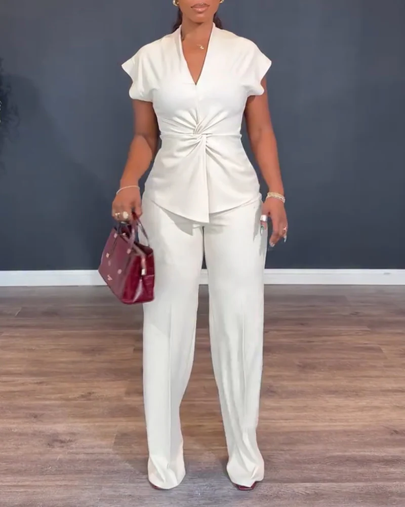 2 Pieces Outfit V-Neck Short Sleeve Twist Front Zipper Back Top and Straight Leg Pants Set Casual Commuting Set - Image 5