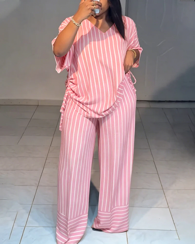 Women's Striped 2 Piece Outfits V Neck Short Sleeve Drawstring Top and Wide Leg Pants Set with Pockets - Image 31