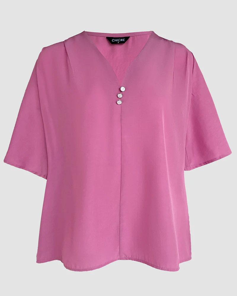 2 Pieces V Neck Button Decor Bell Sleeve Top and Casual Drawstring Stechy Waist Shorts Set - Image 12