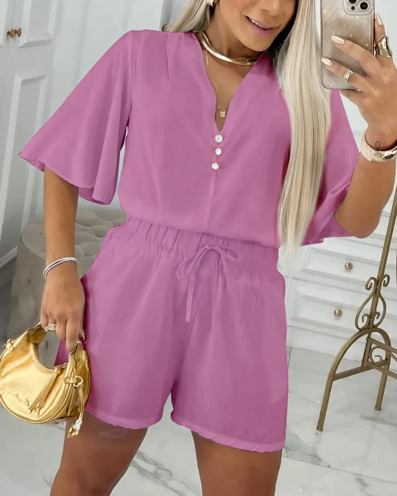 2 Pieces V Neck Button Decor Bell Sleeve Top and Casual Drawstring Stechy Waist Shorts Set - Image 6