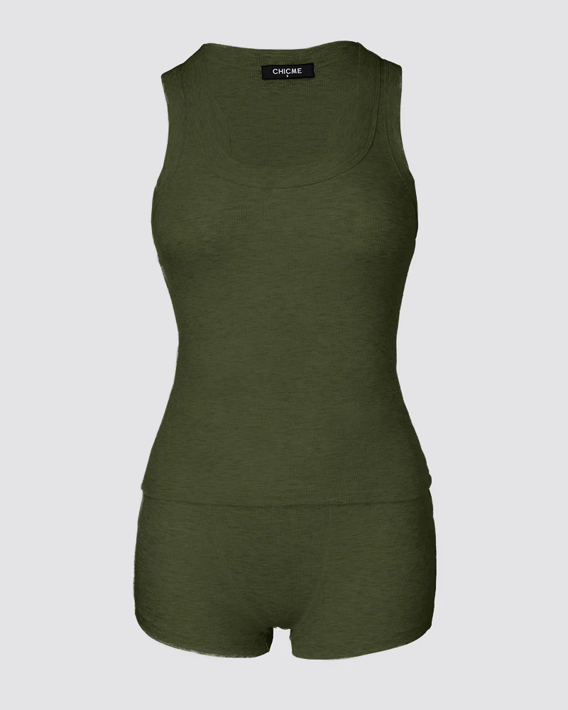 2PCS Micro-Ribbed U-Neck Tank Top & Boxer Set Cozy Loungewear - Image 18