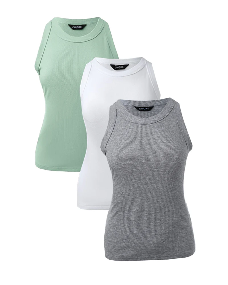 3 Pack Knit Round Neck Thick Strap Racerback Tank Tops(Without Pads) - Image 134