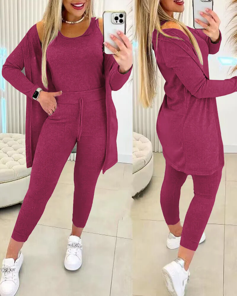 3 Piece Lounge Set Crewneck Sleeveless Tank Top Long Sleeve Open Front Coat Pants Sweatsuit - Image 21