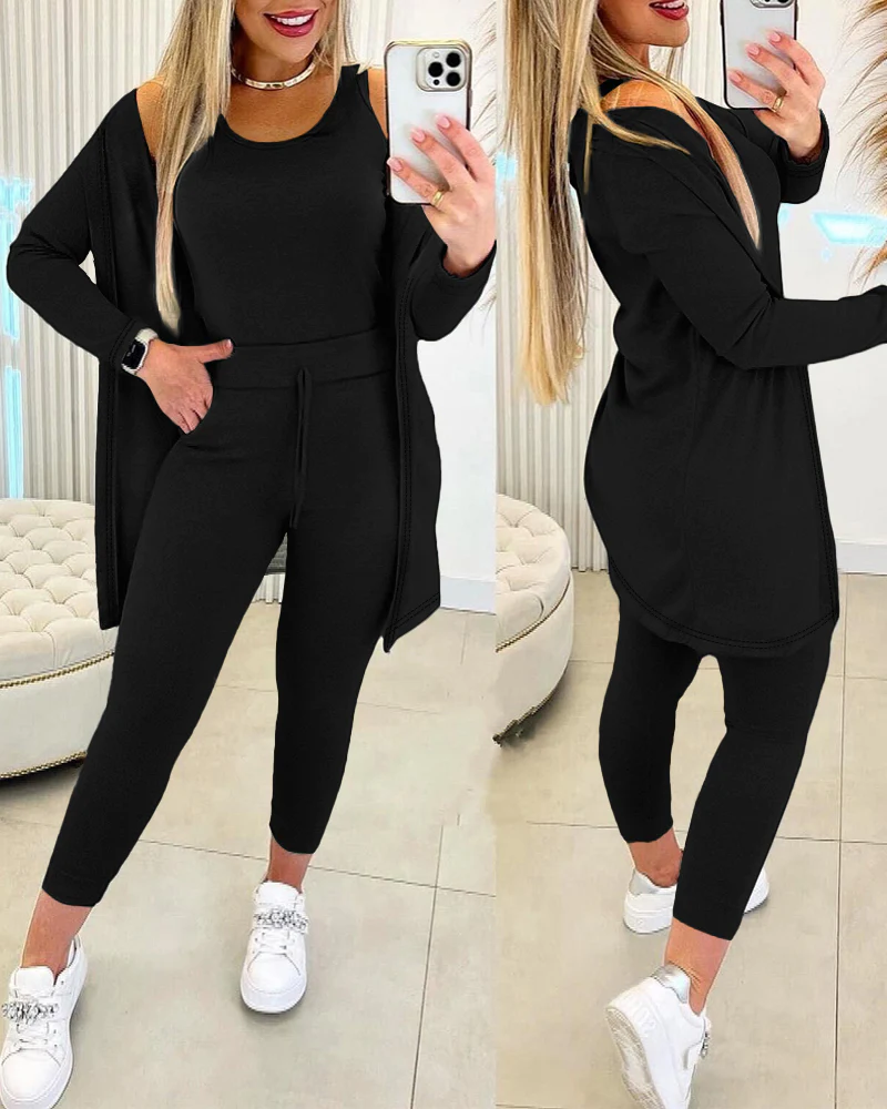 3 Piece Lounge Set Crewneck Sleeveless Tank Top Long Sleeve Open Front Coat Pants Sweatsuit - Image 7
