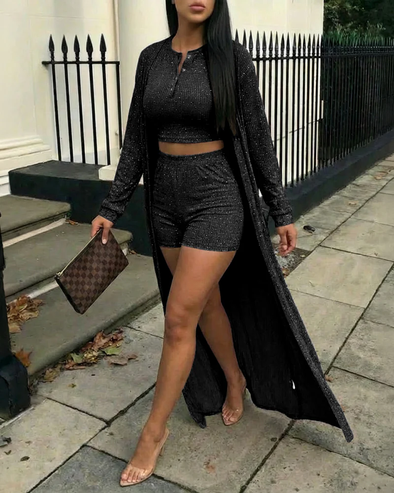 3 Pieces Outfit Henley Sleeveless Half Button Front Crop Tank Top and High Waist Elastic Waist Shorts Set with Longline Cardigan Casual Rhinestone Decor Set - Image 4
