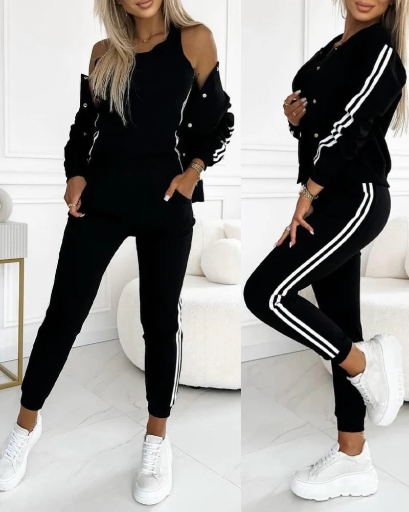 3 Pieces Outfit Snap Buttons Front Coat and Elastic Waist Seam Front Stretchy Cuffs Pants Set with Tank Top Casual Contrast Side Striped Tracksuit - Image 4