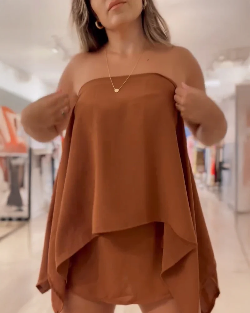 3 Pieces Outfit Solid Off Shoulder Split Sleeve Convertible Crop Top and Casual Elastic Waist Skorts Set With Bandeau(Without Belt) - Image 10