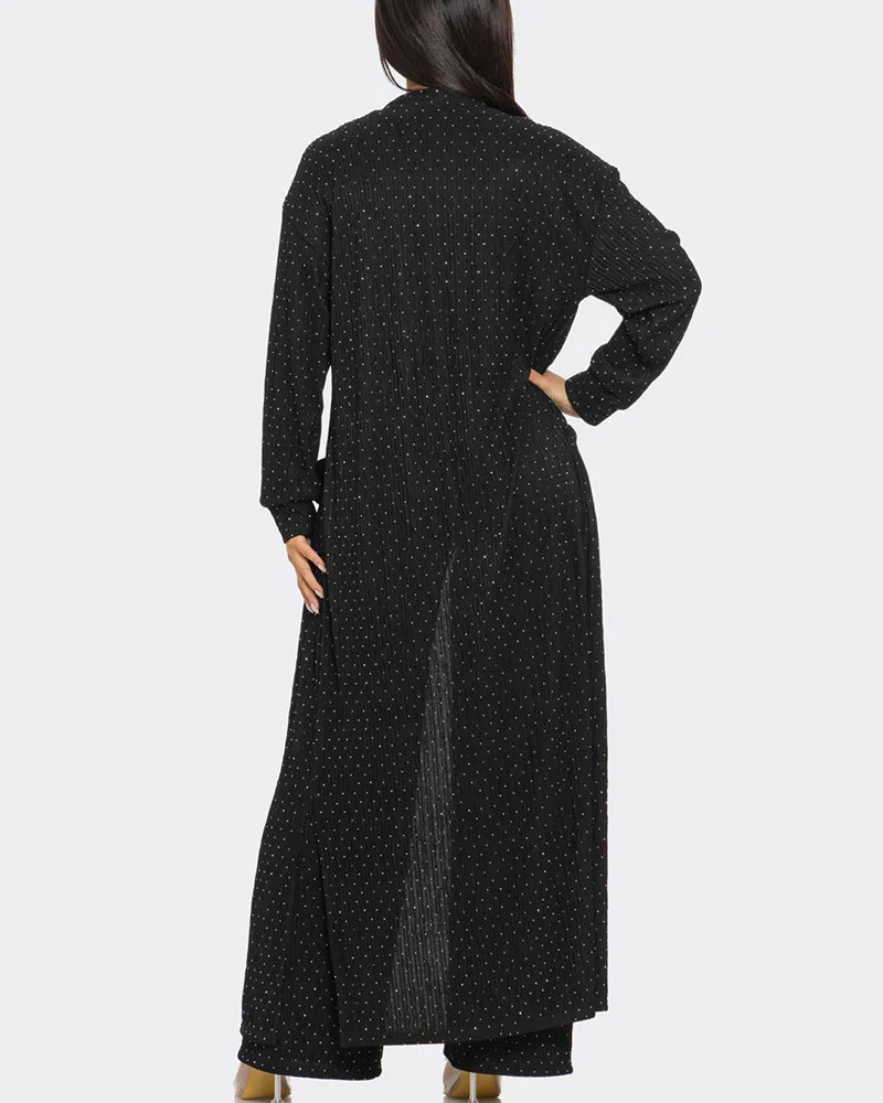 3 Pieces Outfits Cozy Comfort Glitter Long Sleeve Longline Coat and Cropped Ribbed Knit Tank Wide Leg Pants Set - Image 4