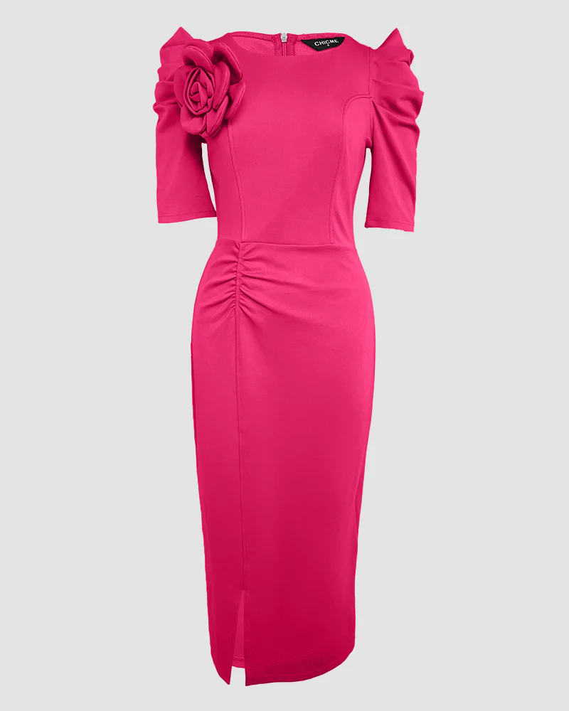 3D Flower Decor Round Neck Puff Sleeve Bodycon Dress Casual Ruched Slit Zipper Back Work Dress - Image 4
