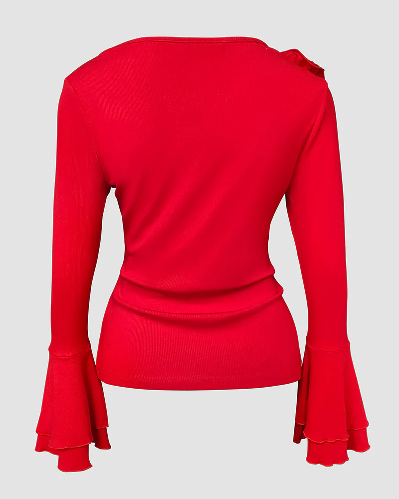 3D Flower Decor Scoop Neck Double Layer Flared Cuff Tee Slim Fit Ribbed Top - Image 6