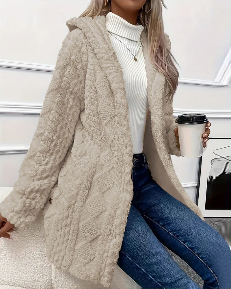 Argyle Textured Button Down Side Slit Long Sleeve Fleece Teddy Coat Hooded Jacket Warm Outwear - Image 14
