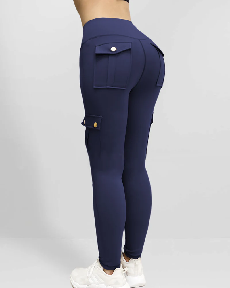 Butt Lifting Leggings with Flap Pockets High Waist Tummy Control Workout Cargo Pants - Image 34
