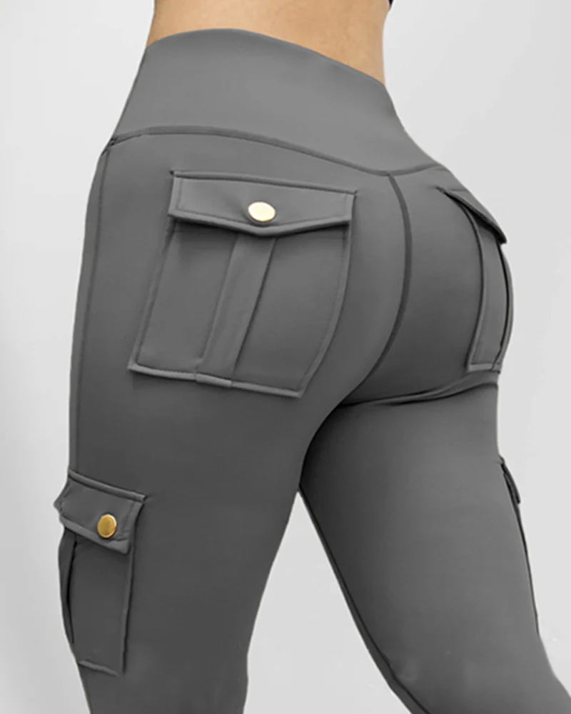 Butt Lifting Leggings with Flap Pockets High Waist Tummy Control Workout Cargo Pants - Image 51