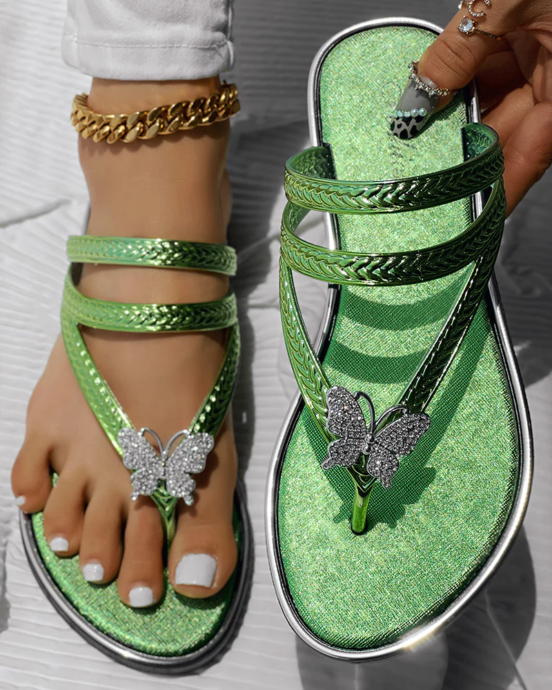 Butterfly Pattern Rhinestone Toe Post Flip Flops - Image 2