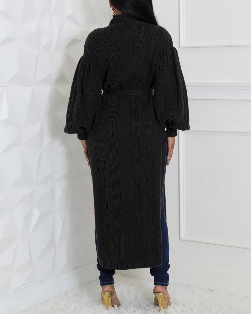 Cable Textured High Neck Lantern Sleeve Bow Tie Waist Sweater Casual High Slit Knit Longline Top - Image 9
