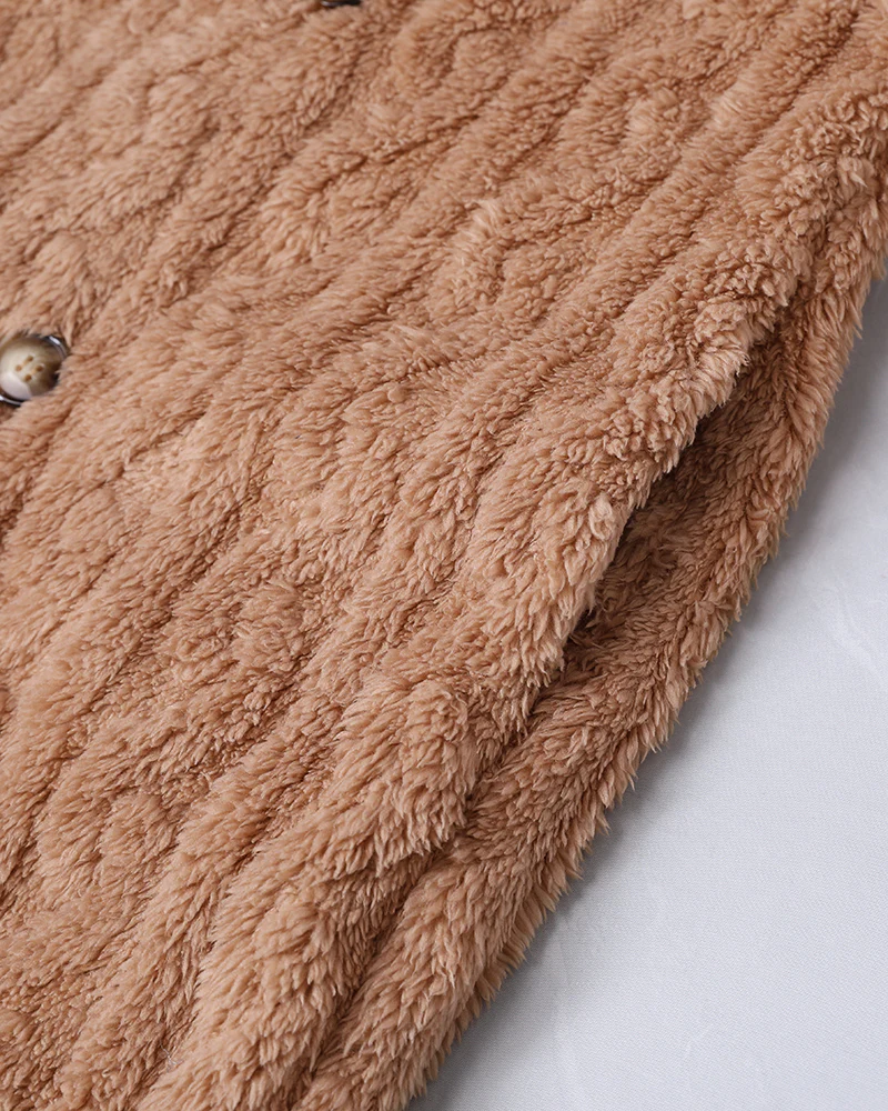 Cable Textured Lapel Neck Button Front Pocket Design Thermal Teddy Coat - Image 7