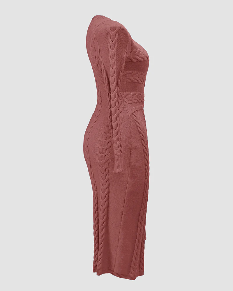 Cable Textured Overlap Deep V Neck Long Sleeve Mid Length Dress Tie Waist Slim Fit Knit Dress - Image 17