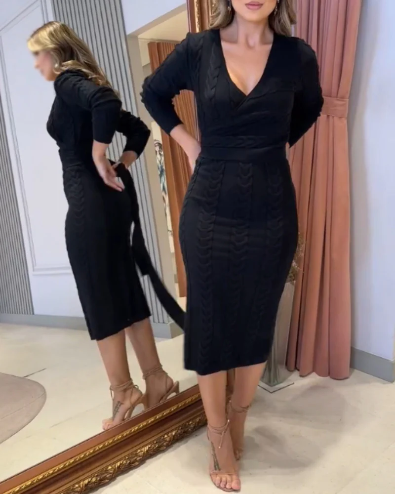 Cable Textured Overlap Deep V Neck Long Sleeve Mid Length Dress Tie Waist Slim Fit Knit Dress - Image 9