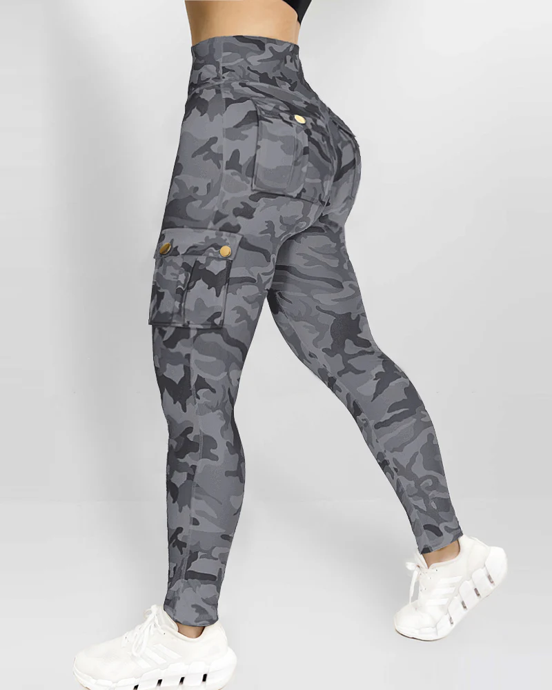 Camouflage Print High Waist Skinny Leggings with Cargo Flap Pockets Casual Pants - Image 14