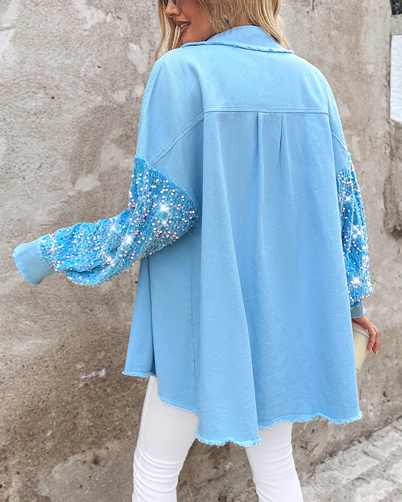 Casual Jacket Sequin Patchwork Long Sleeve Jacket Top Button Front Raw Hem Oversized Denim Shacket - Image 20