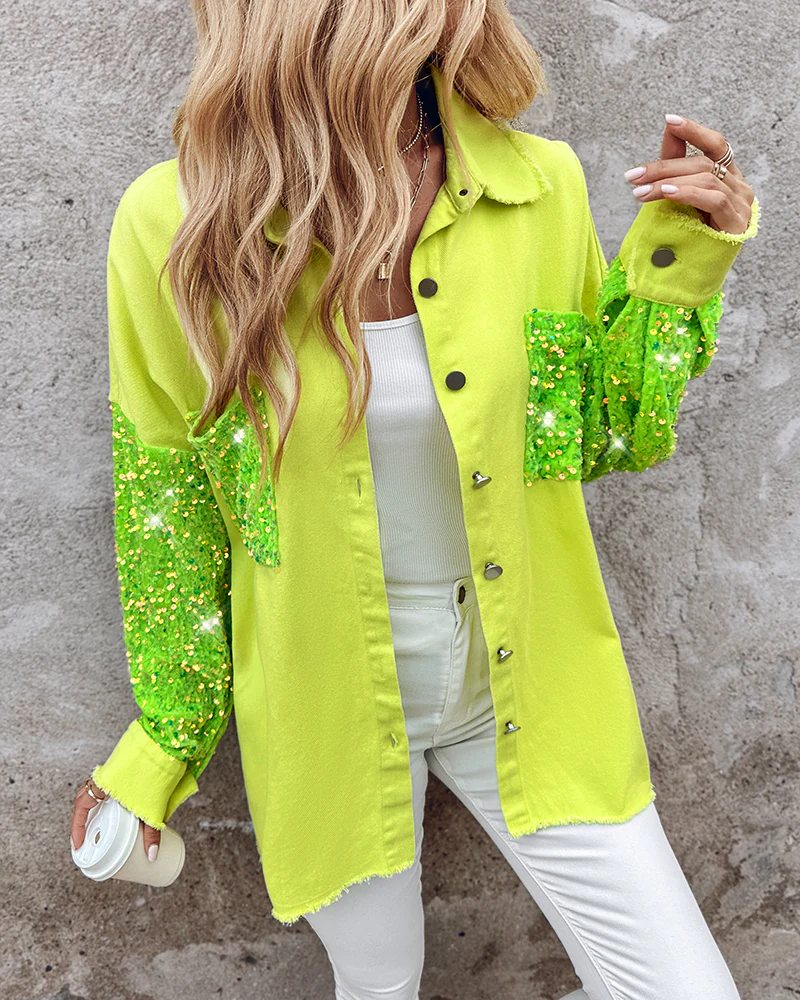 Casual Jacket Sequin Patchwork Long Sleeve Jacket Top Button Front Raw Hem Oversized Denim Shacket - Image 30