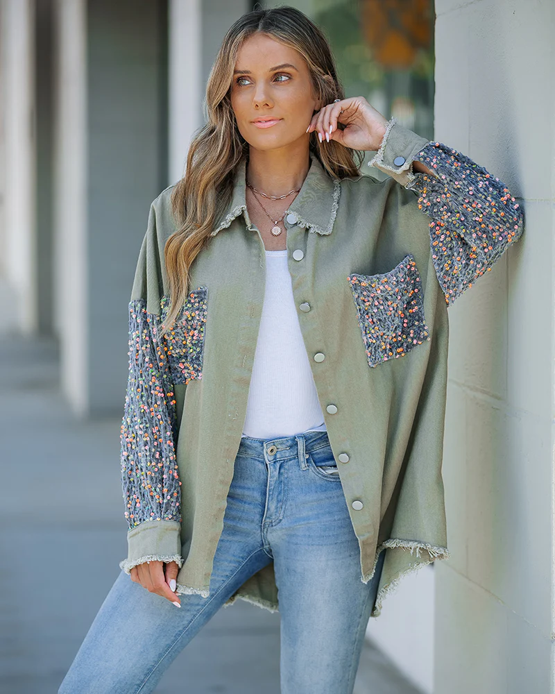 Casual Jacket Sequin Patchwork Long Sleeve Jacket Top Button Front Raw Hem Oversized Denim Shacket - Image 4