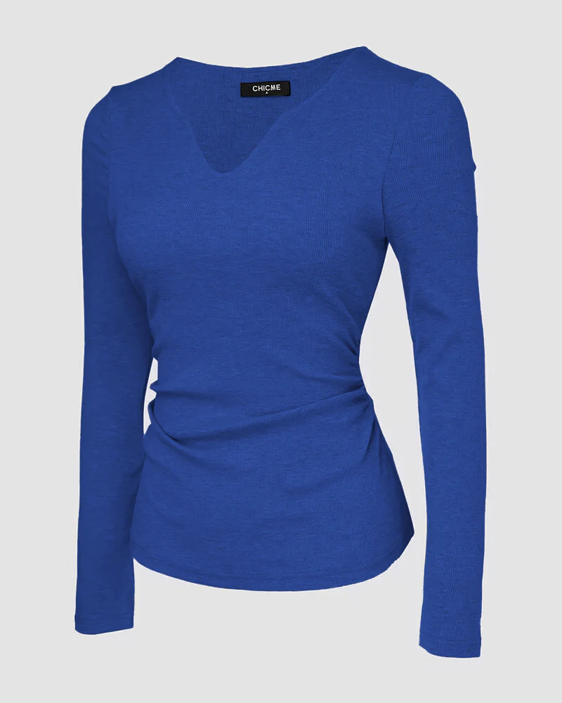 Chicme Built In Bra Notch Neck Long Sleeve Shirts Rib Knit Ruched Waist Top - Image 48