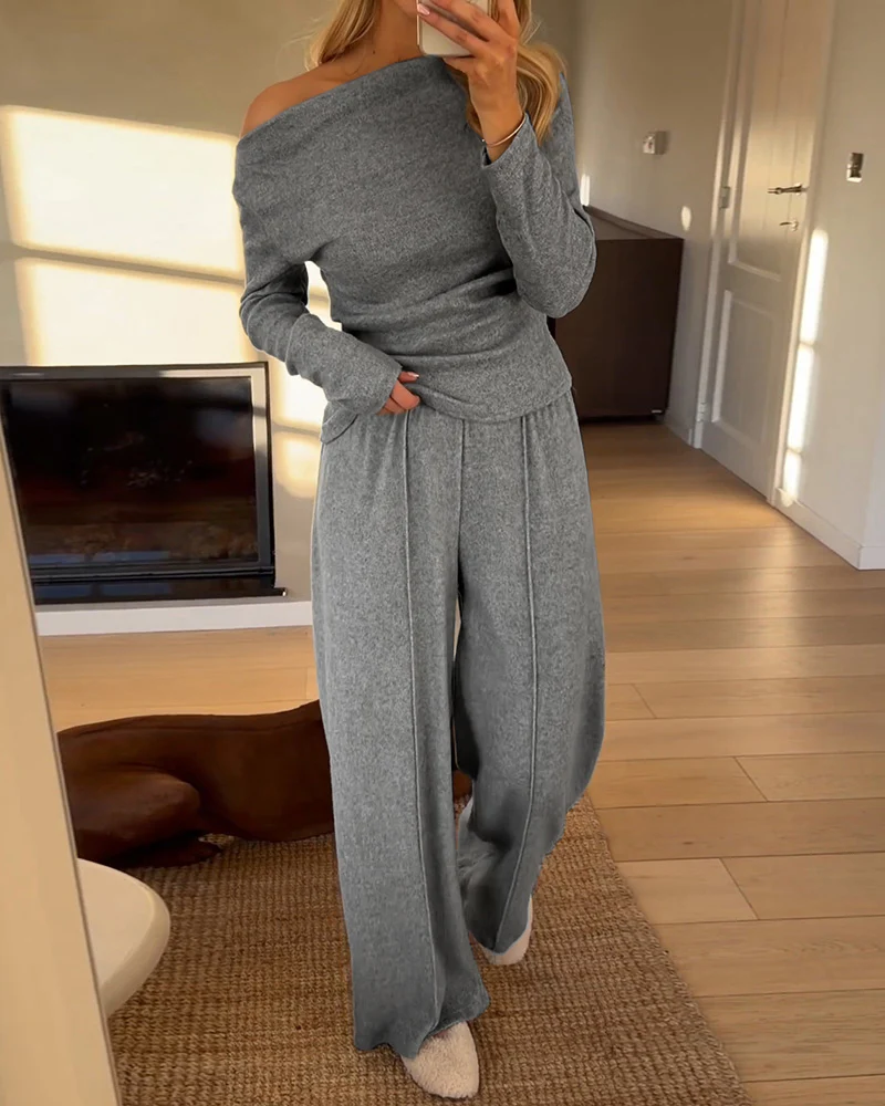 CHICME Women's 2-Piece Knit Set Skew Neck Long Sleeve Slim Fit Top and High-Waist Wide-Leg Pants Casual Soft Ribbed Lounge Set - Image 4