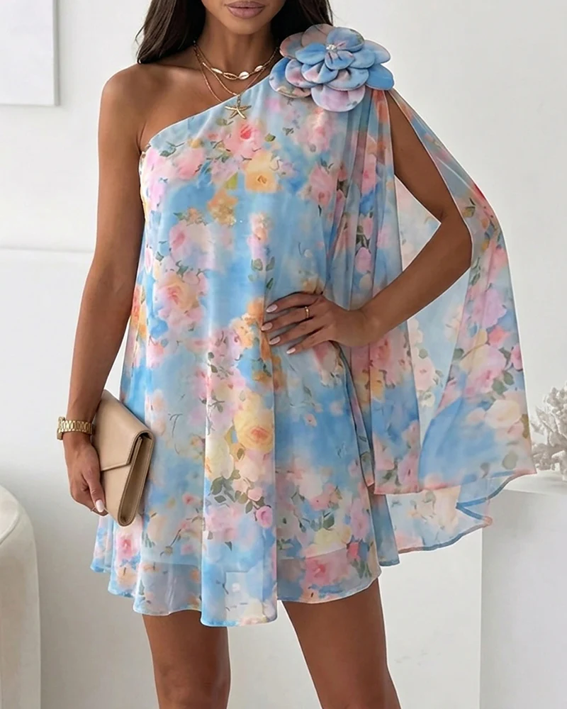 CHICME Women's Floral Print One-Shoulder Chiffon Dress 3D Floral Decor Split Sleeve Loose A-Line Mini Dress - Image 5