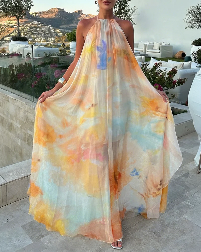 CHICME Women's Tie Dye Print Chiffon Maxi Dress Halter Neck Backless Tied Flowy A-Line Long Dress for Vacation - Image 4