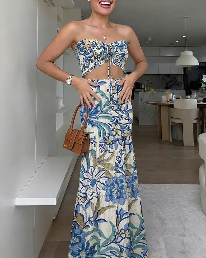 CHICME Women's Tropical Floral Bandeau Dress Sexy Drawstring Cutout Shirred Waist Mermaid Dress Ruffle Hem Vacation Maxi Dress - Image 3