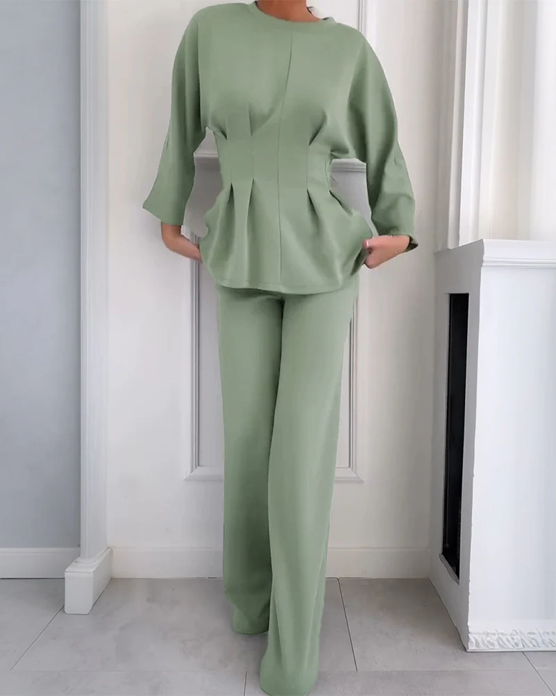 CHICME Women's Two-Piece Set Cinched Waist Long Sleeve Top and High-Waist Wide-Leg Pants Loose Commuting Set - Image 4