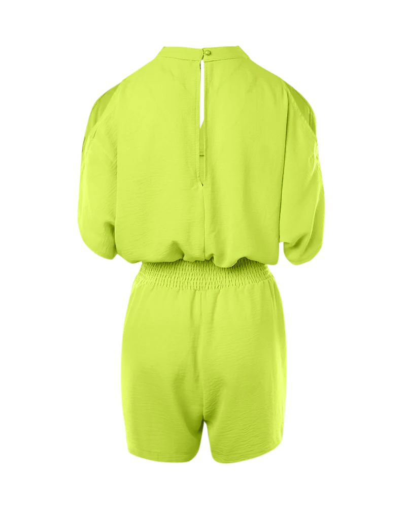 Notch Neck Split Sleeve Drawstring Stretchy Waist Romper Casual Shirred Waist Hollow-out Back Romper - Image 6
