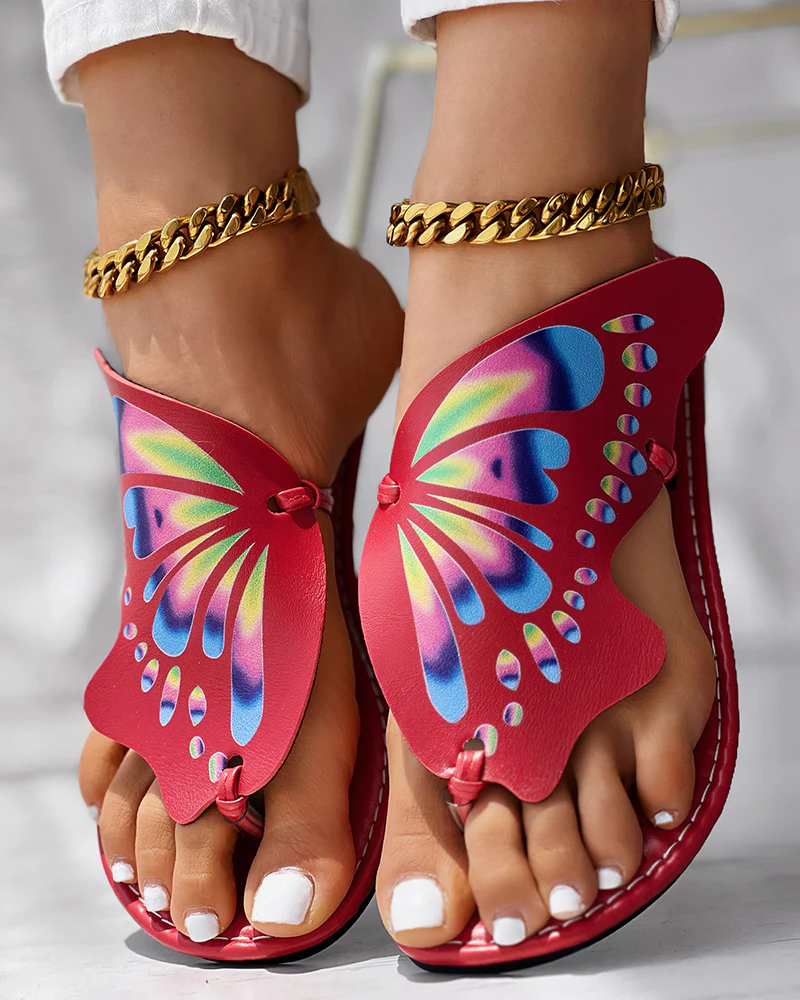 Colorblock Butterfly Print Toe Post Slippers - Image 17