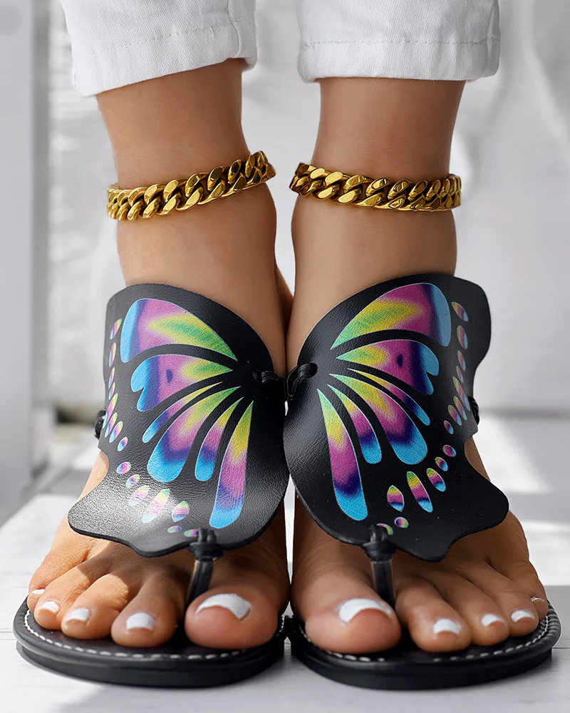 Colorblock Butterfly Print Toe Post Slippers - Image 7
