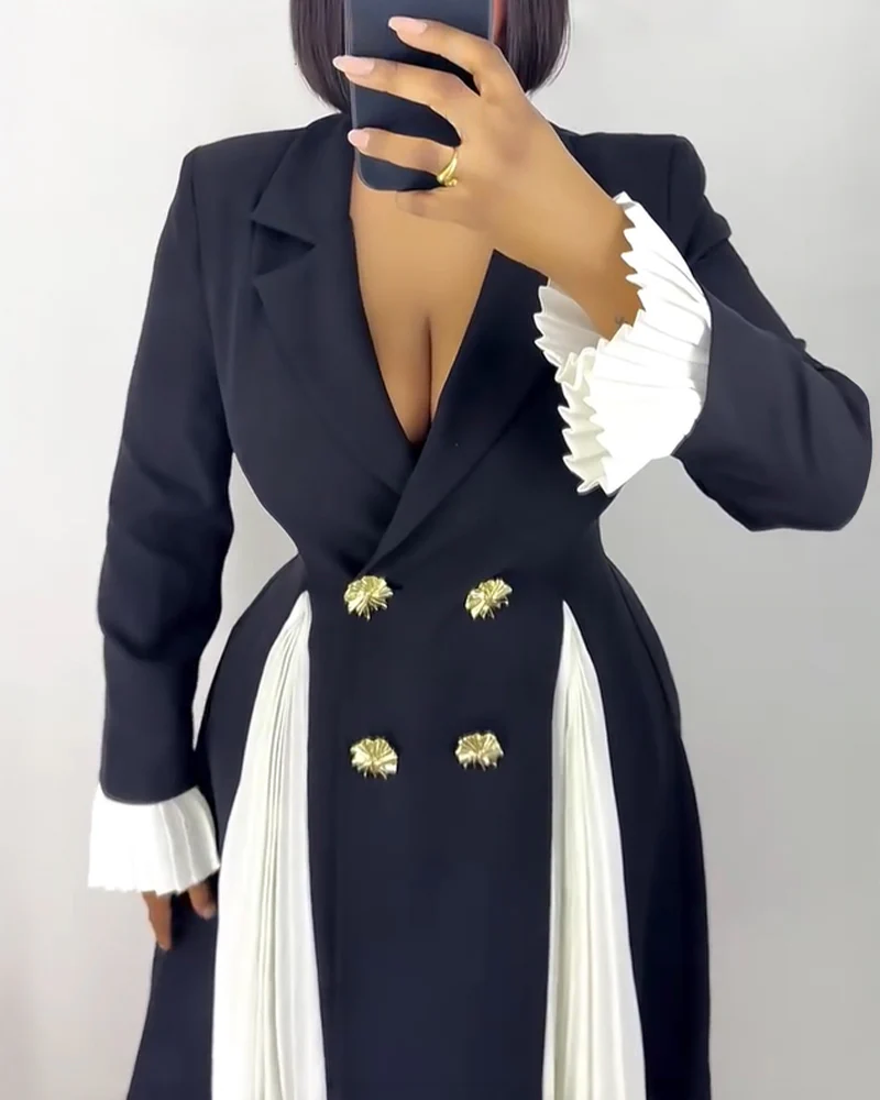 Colorblock Pleated Spliced Notched Collar Pleated Flared Cuff Double Breasted Blazer Dress Elegant Cinched Waist Flared Hem Commuting Dress - Image 4