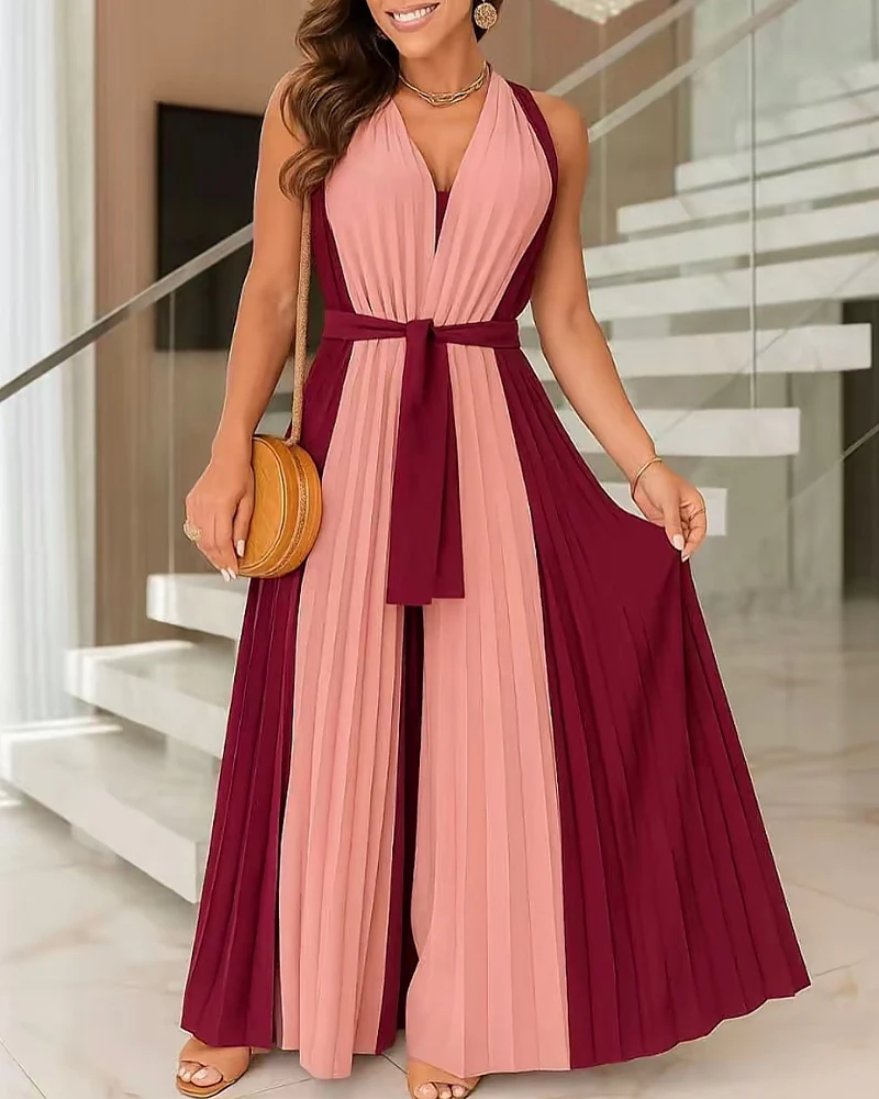 Colorblock Sleeveless Criss Cross Plunge V Neck Jumpsuit Casual Waist Tied Detail Pleated Romper - Image 17
