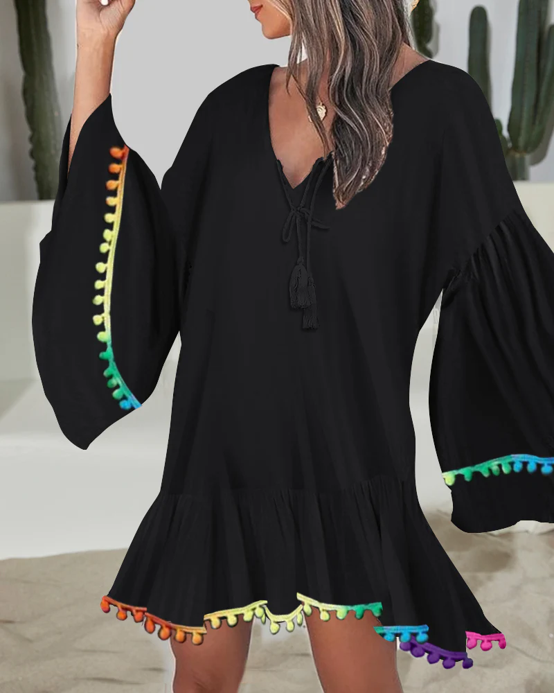 Colorblock V-Neck Bell Sleeve A Line Tassel Mini Dress Vacation Dress - Image 2